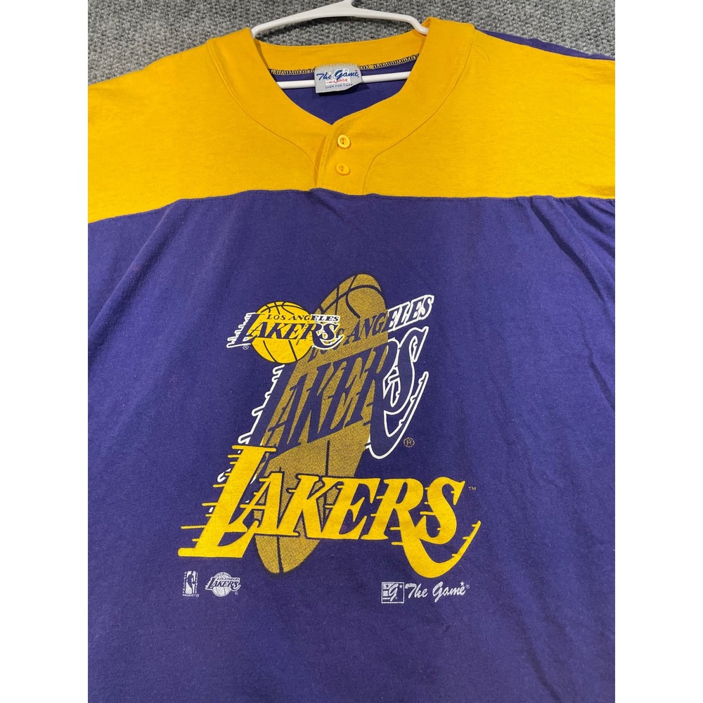 Vintage Los Angeles Lakers The Game Henley Shirt Purple Yellow Boxy XL 90s NBA